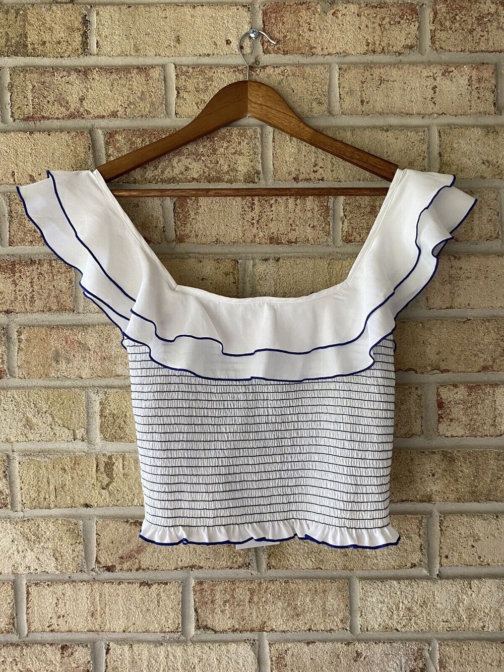 NWT Likely Athena Smocked Ruffle Top Blue White S Bloomingdale’s Revolve Cropped